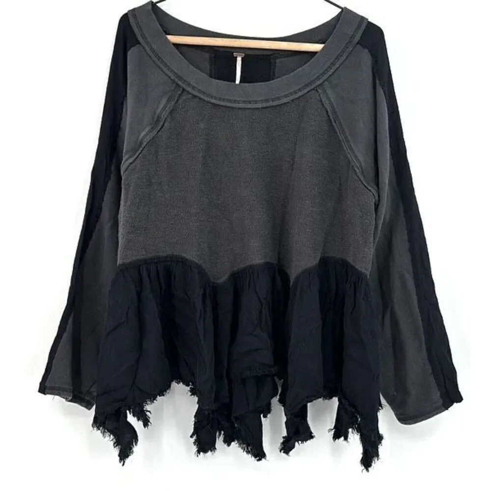 Free People Black Gray Long Sleeve Distressed Boho Peplum Hem Top Size Small